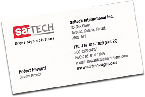 Red, black and white business card for Robert Howard, Creative Director for Saitech International Inc., in Toronto, Canada