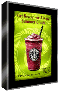Green coloured AnimactionTM motion sign by Saitech International featuring raspberry coloured Starbucks frozen drink