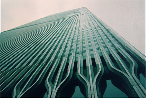 Exterior view looking upwards at World Trade Center building in New York City, USA