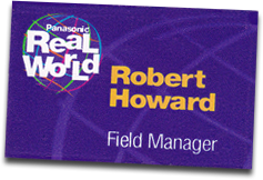Purple business card for Field Manager Robert Howard from the 1994 Panasonic Real World Mall Tour for the 3DO multiplayer
