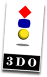 Black and white sticker with logo for the Panasonic 3DO multiplayer showing a red diamond, blue rectangle and yellow ball
